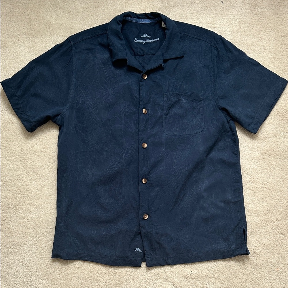 Tommy Bahama Dark Blue 100% Silk Short-Sleeve Shirt - Size M
